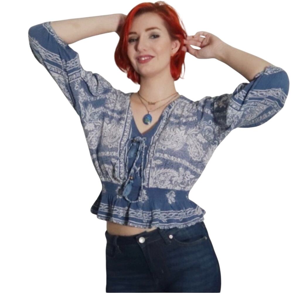 Gypsy Love Blue Paisley Print Bohemian Peplum Top Size Medium Festival Cropped
